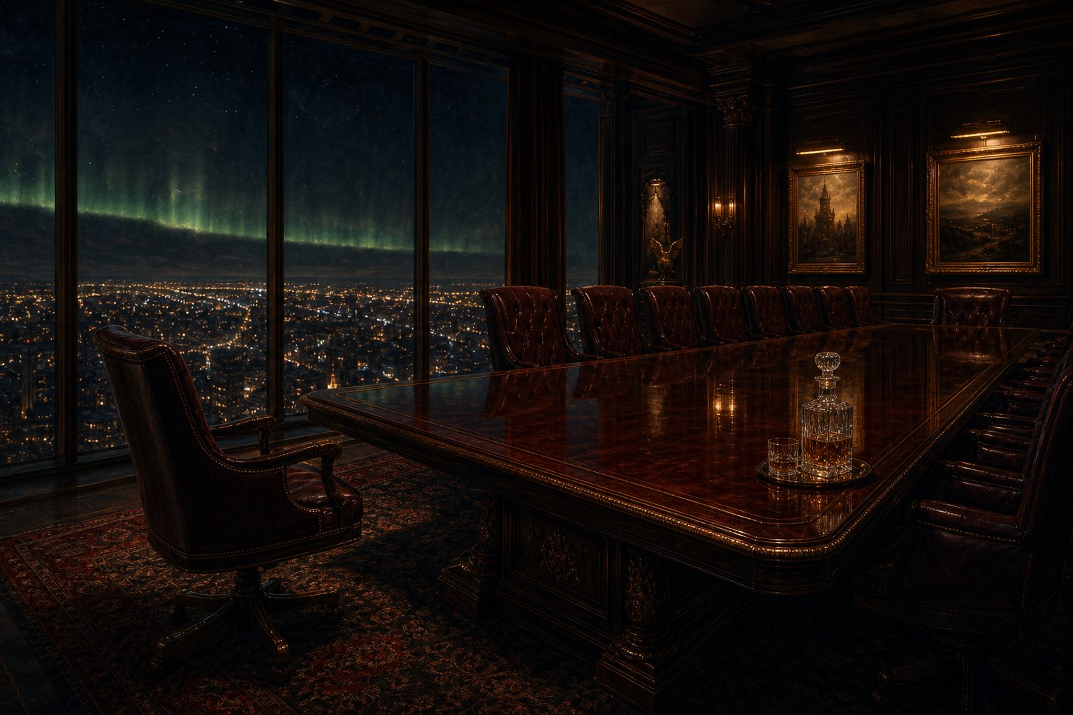 Empty executive boardroom at night — the world Charlie left behind.