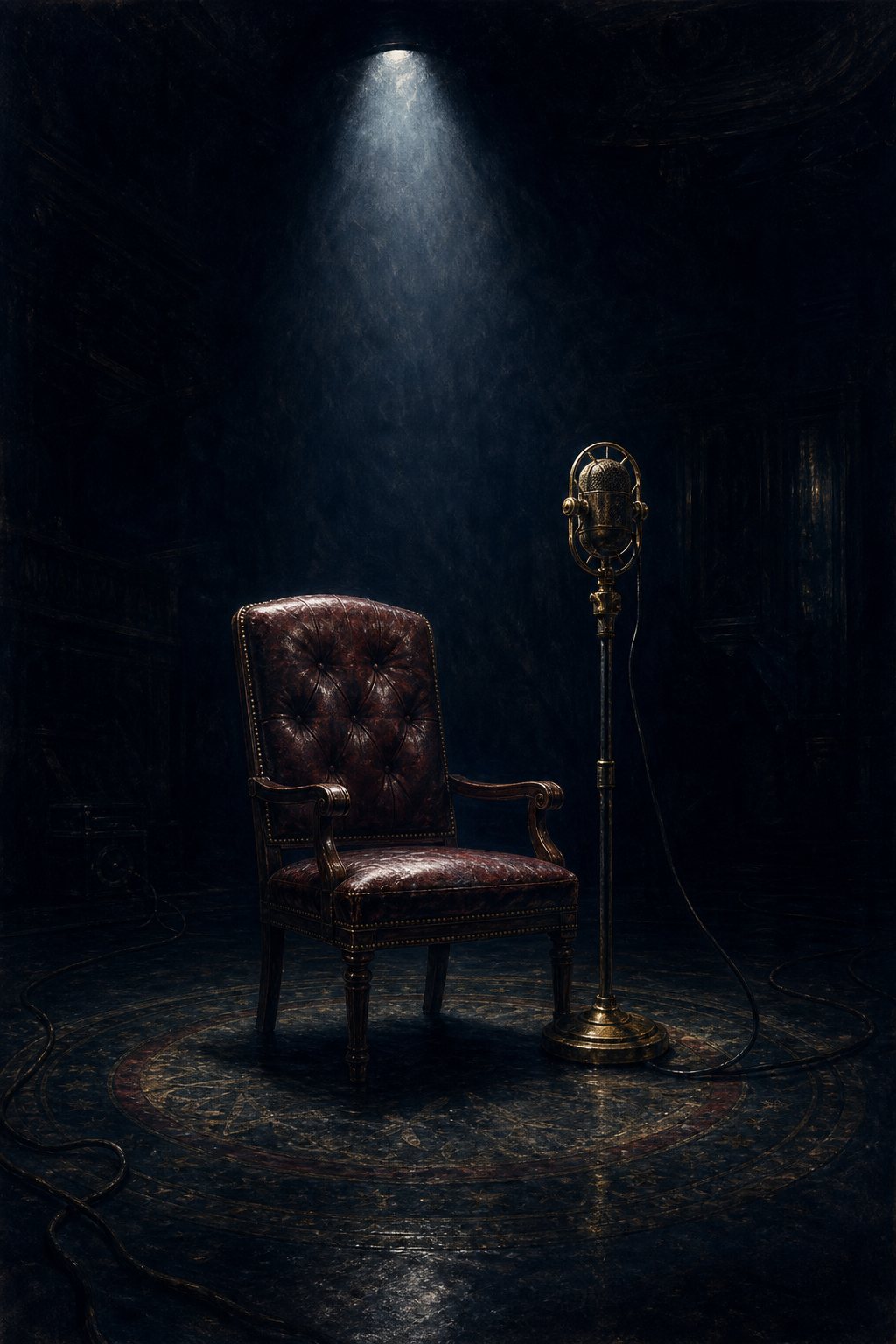 Empty interview chair and microphone under a single spotlight.